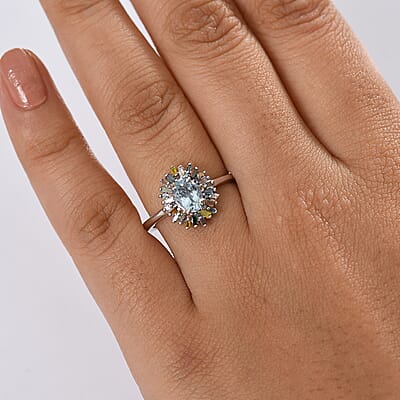 D'Joy Santa Maria Aquamarine and Multi Diamond 1.00 ctw Ocean Fire Ring in Rhodium Over Sterling Silver (Size 10.0)