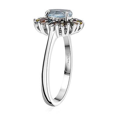 D'Joy Santa Maria Aquamarine and Multi Diamond 1.00 ctw Ocean Fire Ring in Rhodium Over Sterling Silver (Size 10.0)
