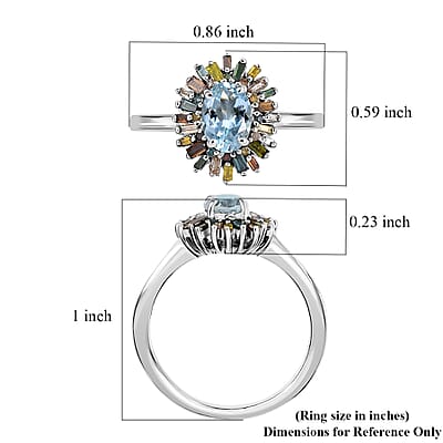 D'Joy Santa Maria Aquamarine and Multi Diamond 1.00 ctw Ocean Fire Ring in Rhodium Over Sterling Silver (Size 10.0)