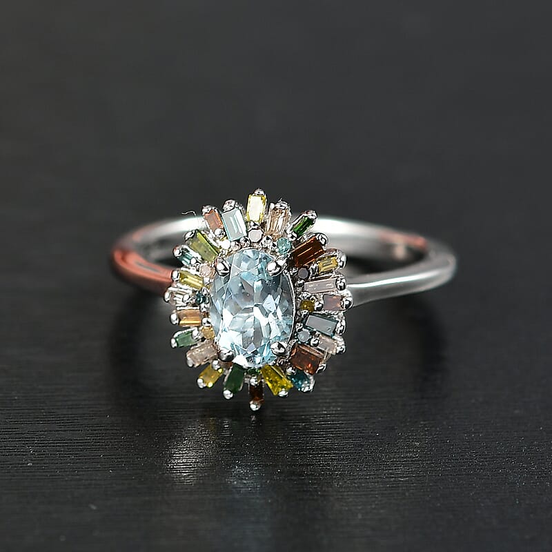 D'Joy Santa Maria Aquamarine and Multi Diamond 1.00 ctw Ocean Fire Ring in Rhodium Over Sterling Silver (Size 5.0)