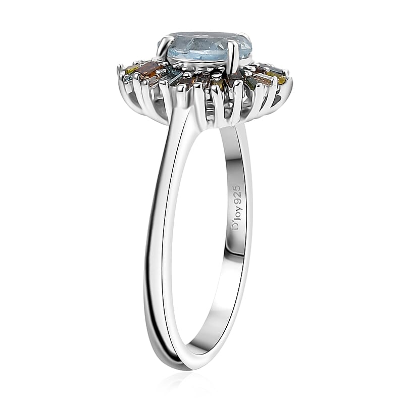 D'Joy Santa Maria Aquamarine and Multi Diamond 1.00 ctw Ocean Fire Ring in Rhodium Over Sterling Silver (Size 5.0)