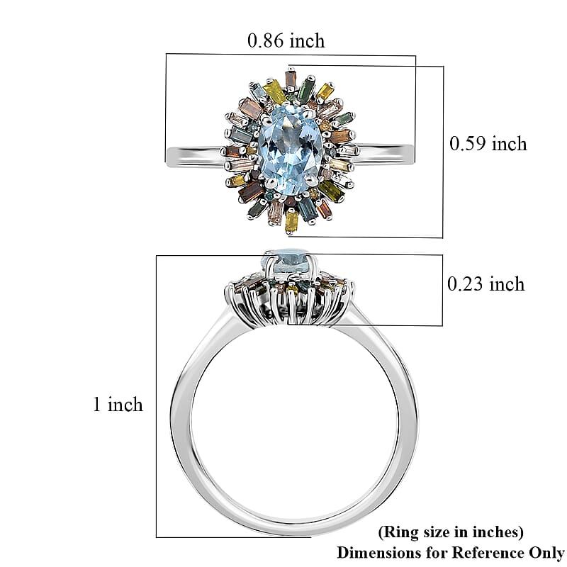 D'Joy Santa Maria Aquamarine and Multi Diamond 1.00 ctw Ocean Fire Ring in Rhodium Over Sterling Silver (Size 5.0)