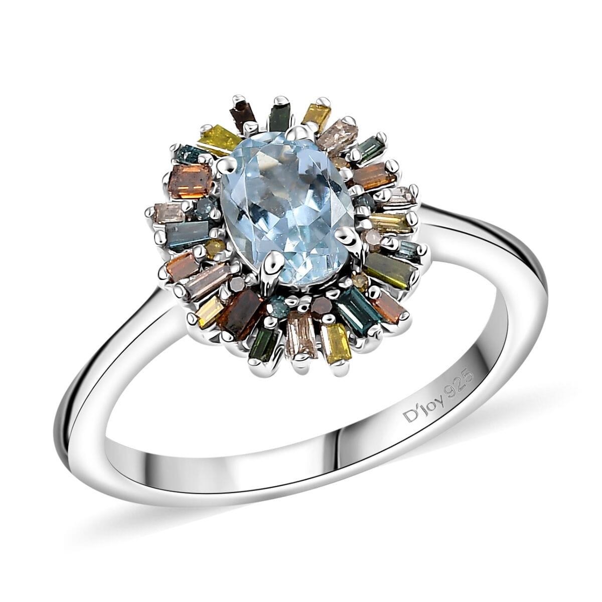 D’Joy Santa Maria Aquamarine and Multi Diamond 1.00 ctw Ocean Fire Ring in Rhodium Over Sterling Silver (Size 7.0) image number 0