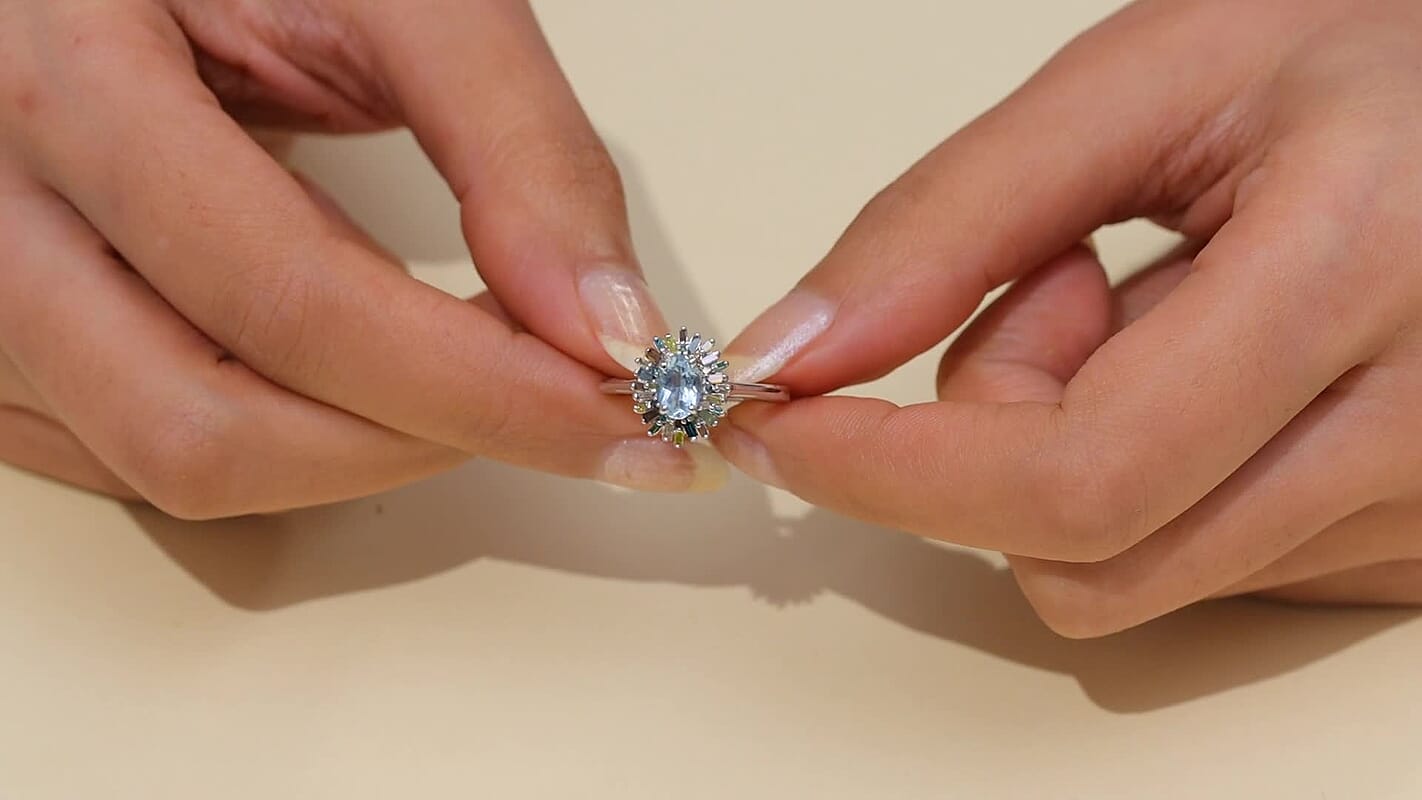 D’Joy Santa Maria Aquamarine, Multi Diamond (Natural & IR) Ring in Rhodium Over Sterling Silver (Size 10.0) 1.00 ctw