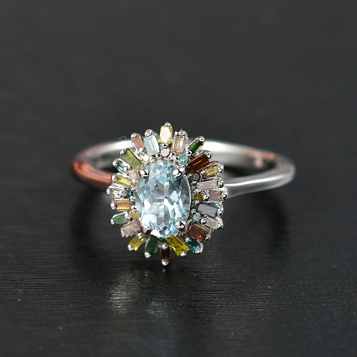 D’Joy Santa Maria Aquamarine and Multi Diamond 1.00 ctw Ocean Fire Ring in Rhodium Over Sterling Silver (Size 7.0) image number 1