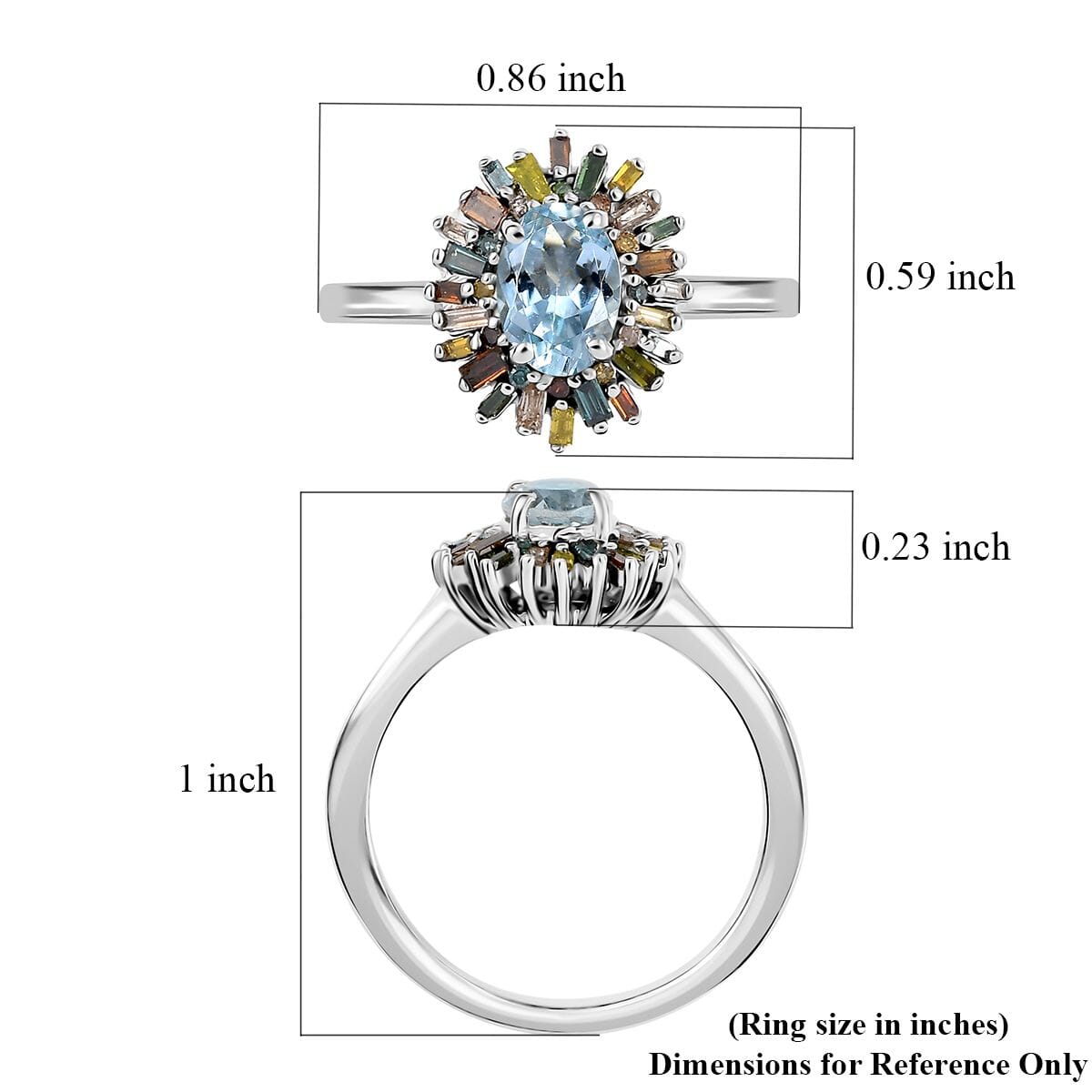 D’Joy Santa Maria Aquamarine and Multi Diamond 1.00 ctw Ocean Fire Ring in Rhodium Over Sterling Silver (Size 7.0) image number 5