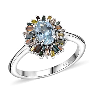 D'Joy Santa Maria Aquamarine and Multi Diamond 1.00 ctw Ocean Fire Ring in Rhodium Over Sterling Silver (Size 8.0)