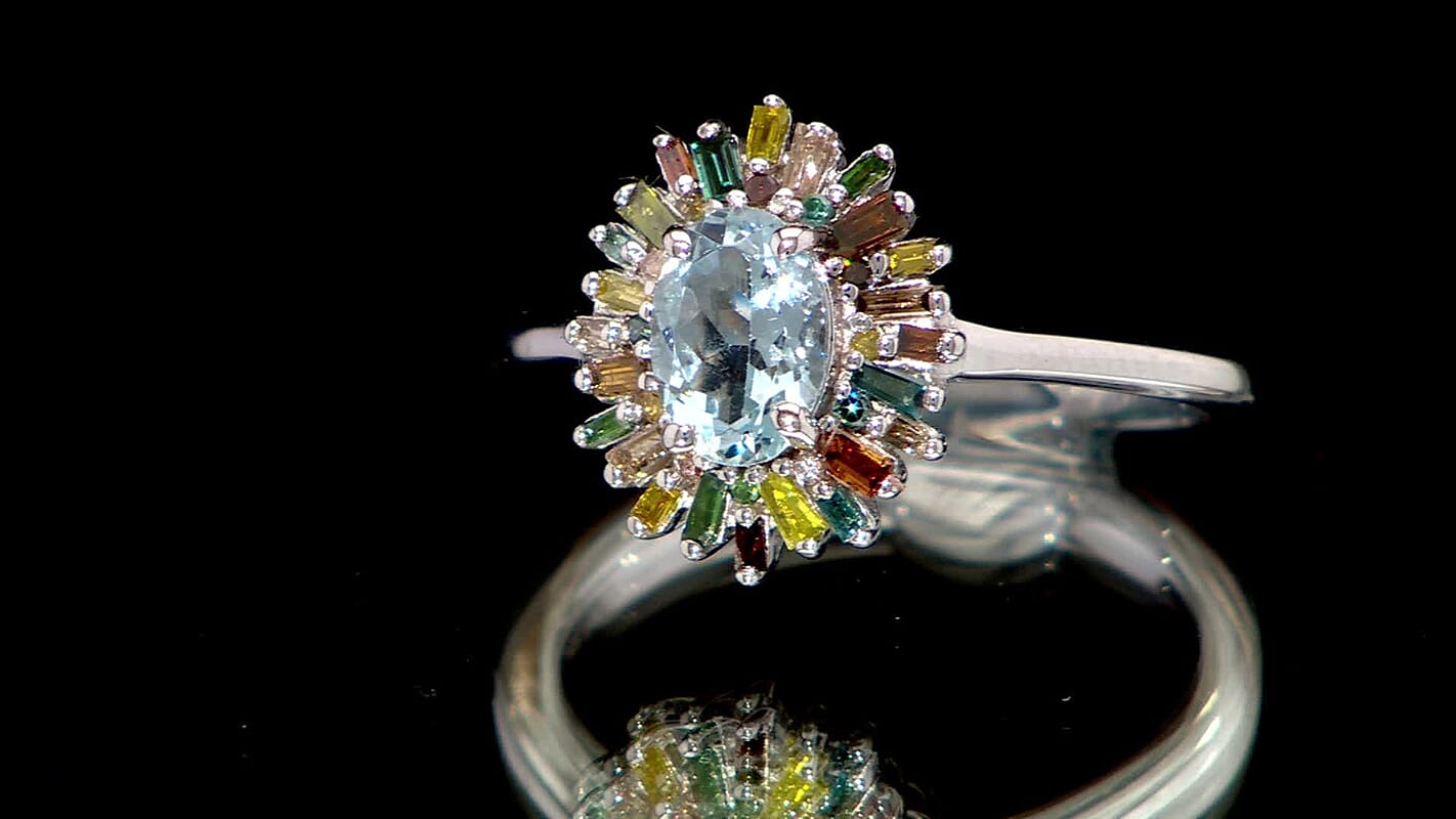 D’Joy Santa Maria Aquamarine, Multi Diamond (Natural & IR) Ring in Rhodium Over Sterling Silver (Size 10.0) 1.00 ctw