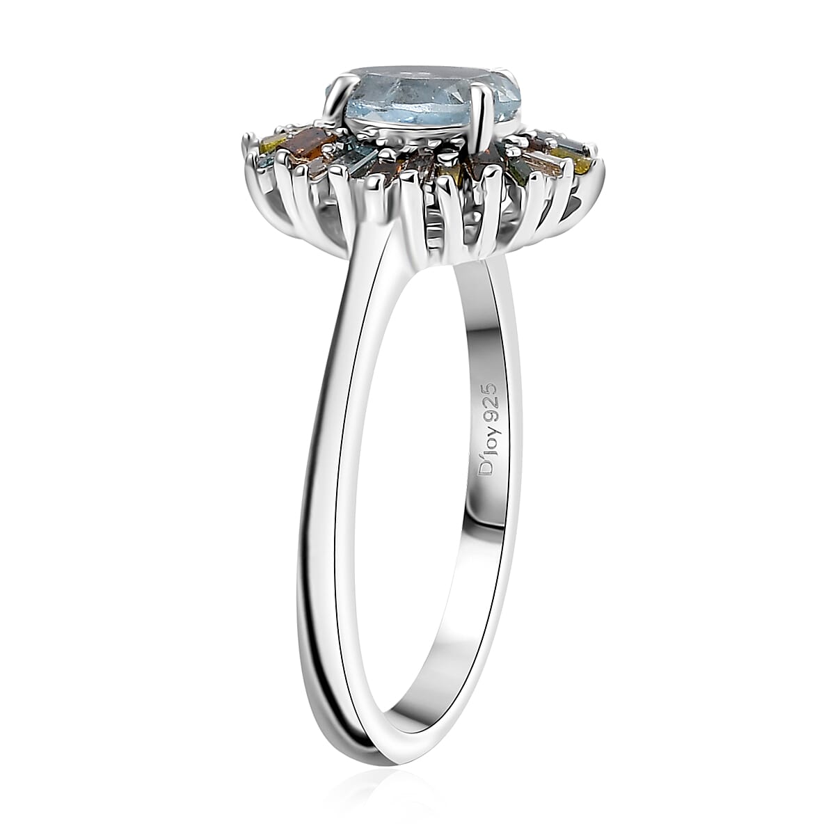 D'Joy Santa Maria Aquamarine and Multi Diamond 1.00 ctw Ocean Fire Ring in Rhodium Over Sterling Silver (Size 8.0) image number 3