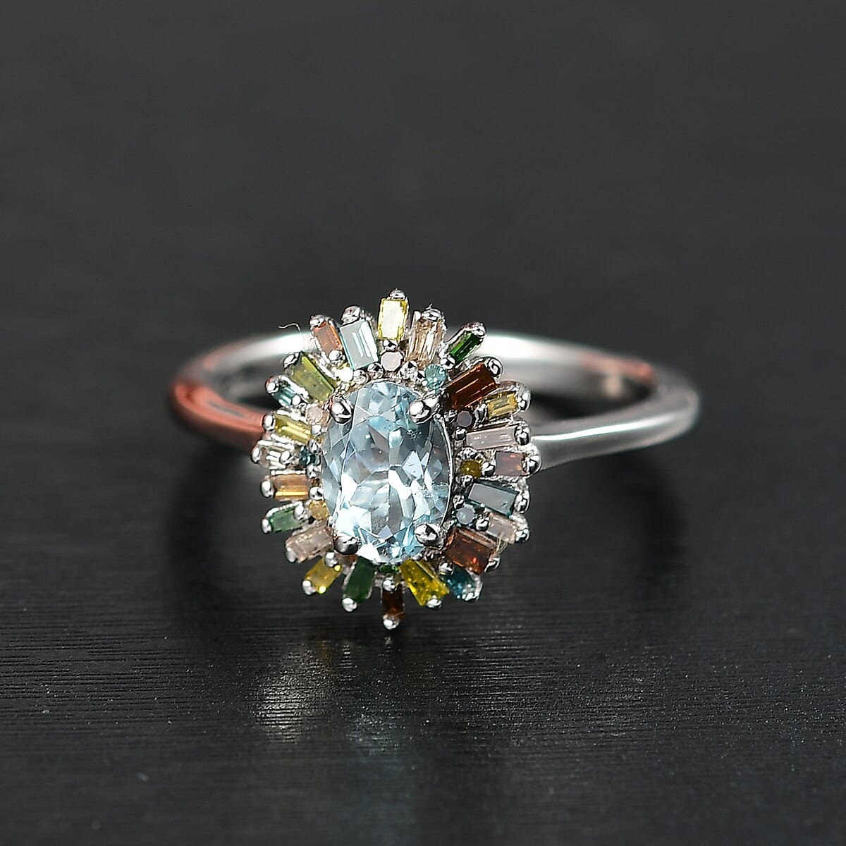 D'Joy Santa Maria Aquamarine and Multi Diamond 1.00 ctw Ocean Fire Ring in Rhodium Over Sterling Silver (Size 9.0) image number 1