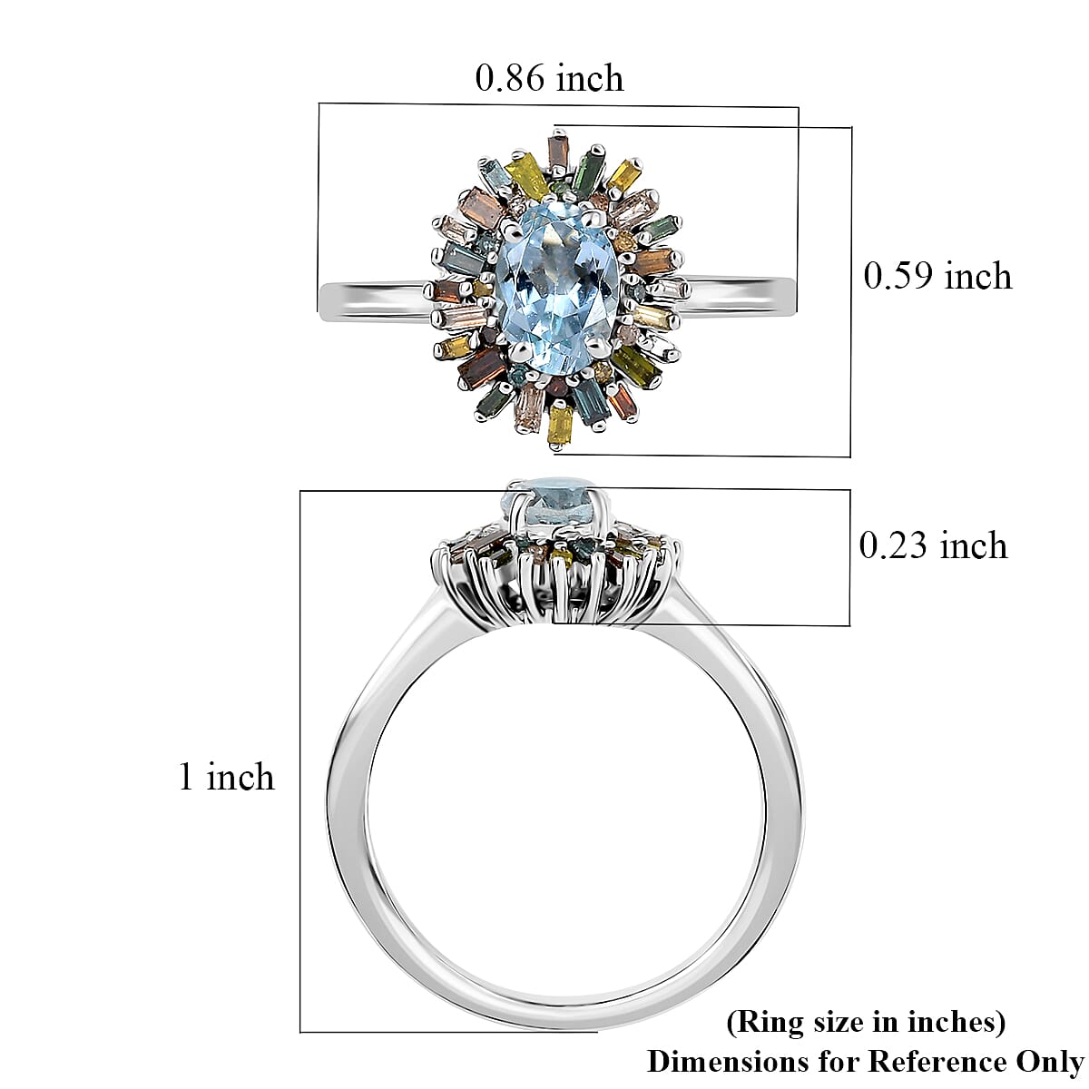 D'Joy Santa Maria Aquamarine and Multi Diamond 1.00 ctw Ocean Fire Ring in Rhodium Over Sterling Silver (Size 9.0) image number 5