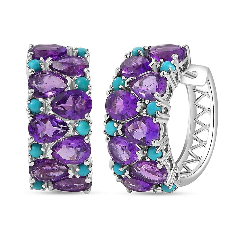D'Joy African Amethyst, Sleeping Beauty Turquoise 11.50 ctw Mystic Oasis Earrings in Rhodium Over Sterling Silver