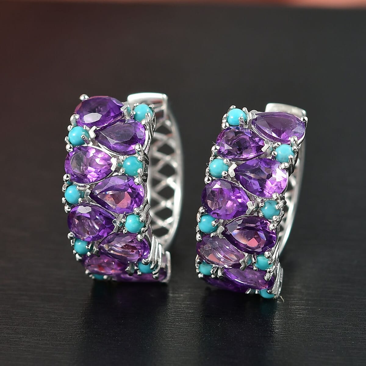 D’Joy African Amethyst, Sleeping Beauty Turquoise 11.50 ctw Mystic Oasis Earrings in Rhodium Over Sterling Silver image number 1