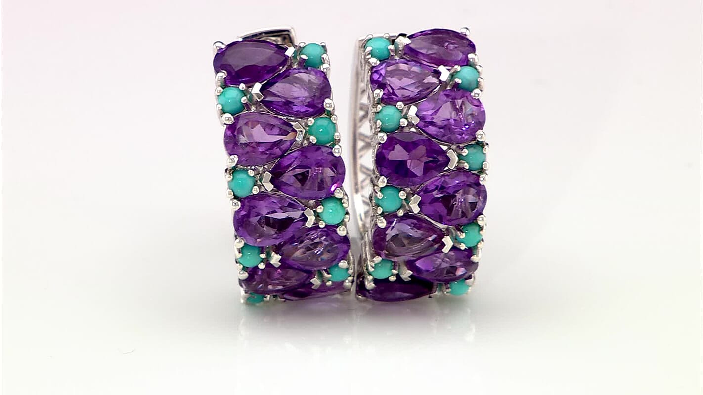 D'Joy African Amethyst, Sleeping Beauty Turquoise 11.50 ctw Mystic Oasis Earrings in Rhodium Over Sterling Silver