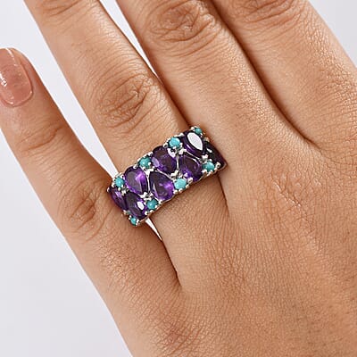D'Joy African Amethyst and Sleeping Beauty Turquoise 5.75 ctw Mystic Oasis Ring in Rhodium Over Sterling Silver (Size 10.0)