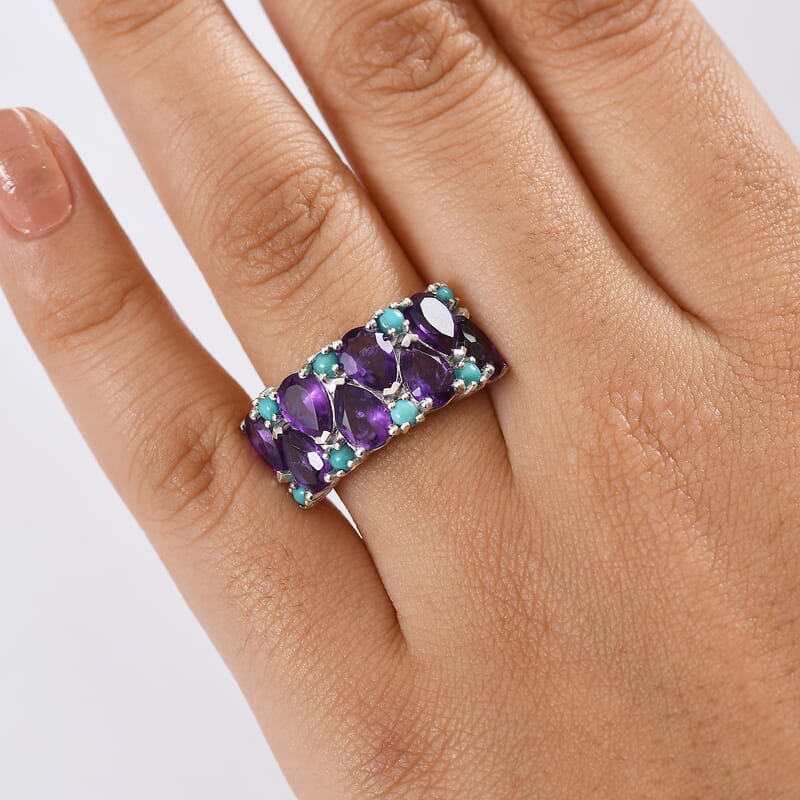 D'Joy African Amethyst and Sleeping Beauty Turquoise 5.75 ctw Mystic Oasis Ring in Rhodium Over Sterling Silver (Size 10.0)