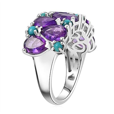 D'Joy African Amethyst and Sleeping Beauty Turquoise 5.75 ctw Mystic Oasis Ring in Rhodium Over Sterling Silver (Size 10.0)