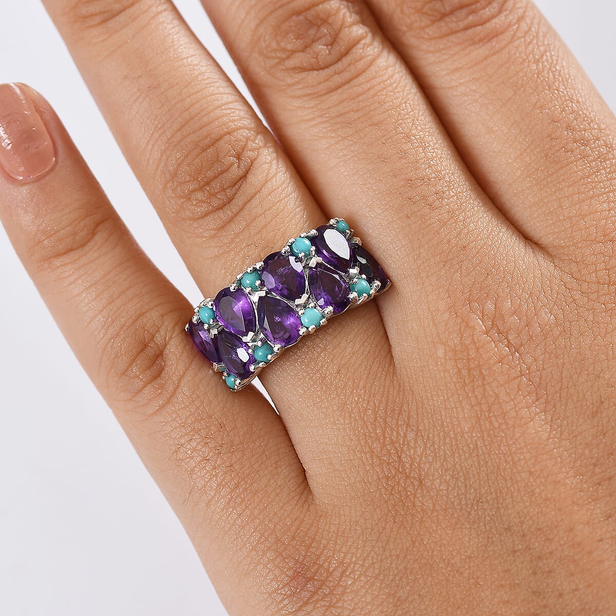 D'Joy African Amethyst and Sleeping Beauty Turquoise 5.75 ctw Mystic Oasis Ring in Rhodium Over Sterling Silver (Size 5.0) image number 2