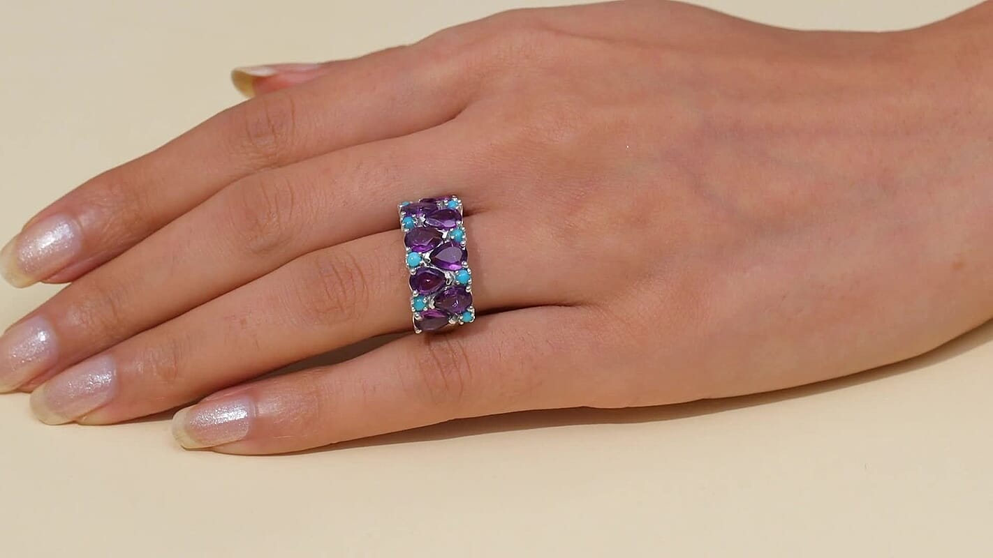 D’Joy African Amethyst, Sleeping Beauty Turquoise Ring in Rhodium Over Sterling Silver (Size 10.0) 4.80 ctw