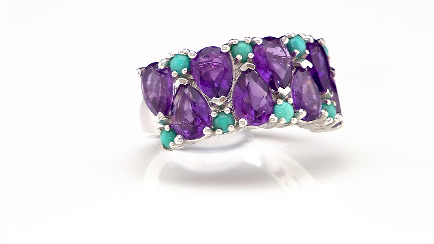 D’Joy African Amethyst, Sleeping Beauty Turquoise Ring in Rhodium Over Sterling Silver (Size 10.0) 4.80 ctw