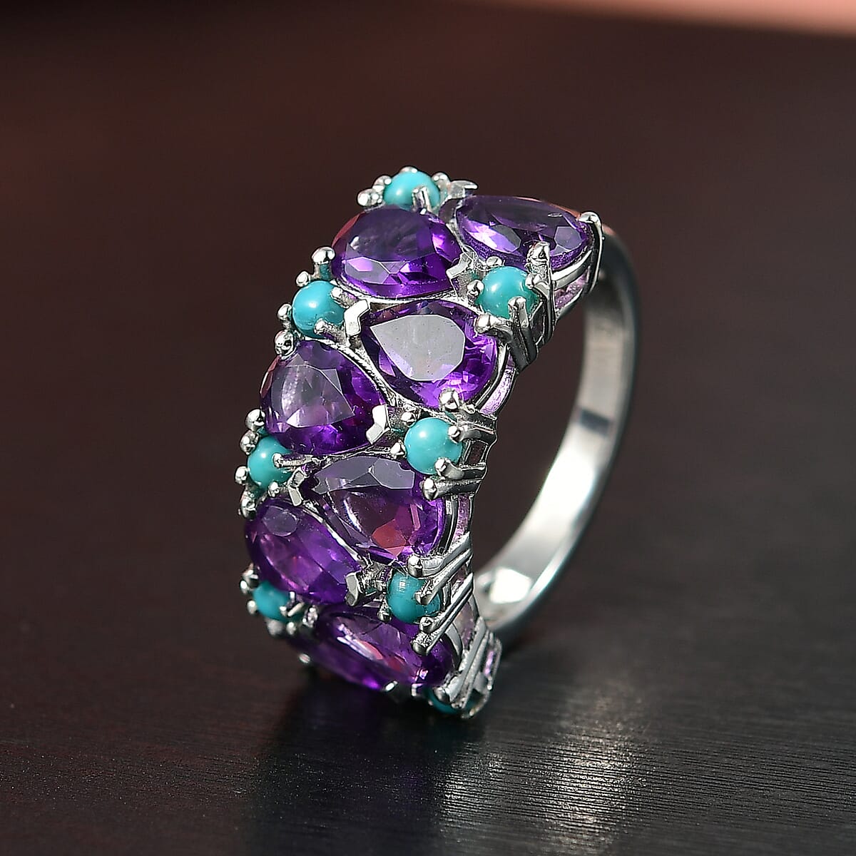 D&rsquo;Joy African Amethyst and Sleeping Beauty Turquoise 5.75 ctw Mystic Oasis Ring in Rhodium Over Sterling Silver (Size 9.0) image number 1