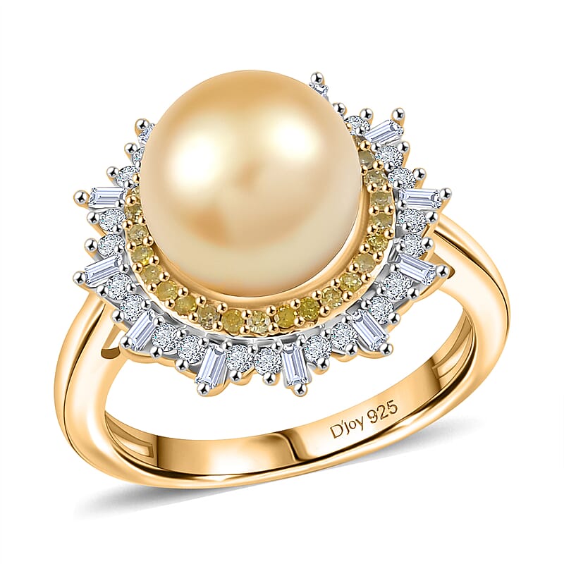 D'Joy South Sea Golden Cultured Pearl, Natural Yellow and White Diamond 0.47 ctw Radiant Sunburst Ring in 18K Vermeil Yellow Gold Over Sterling Silver (Size 10.0)
