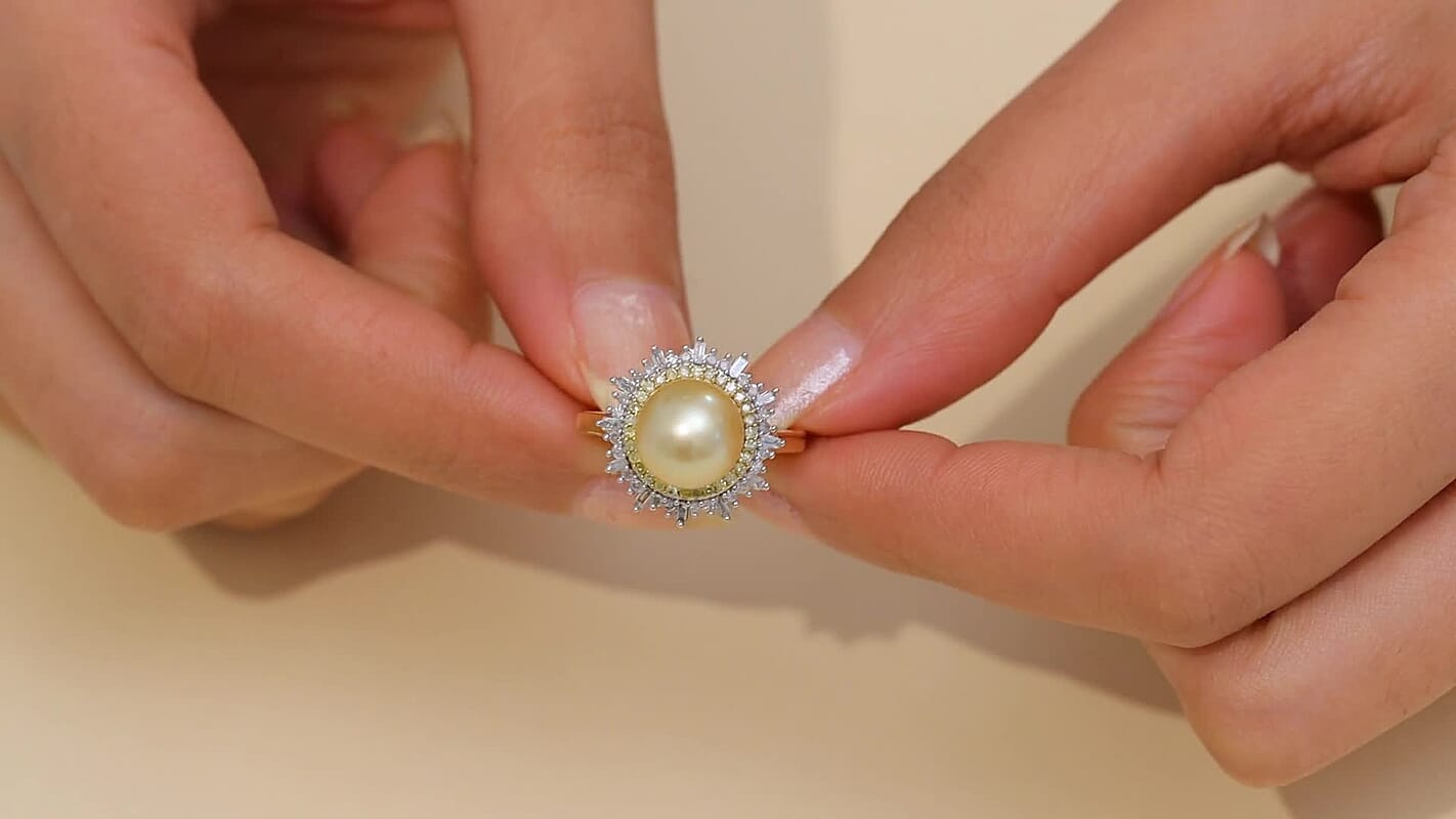 D’Joy Golden South Sea Pearl, Natural Yellow and White Diamond Ring in 18K Vermeil YG Over Sterling Silver (Size 10.0) 9.20 ctw