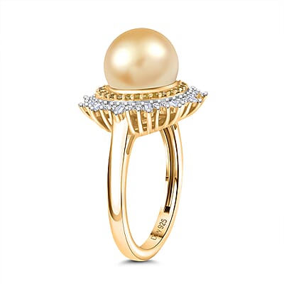D'Joy South Sea Golden Cultured Pearl, Natural Yellow and White Diamond 0.47 ctw Radiant Sunburst Ring in 18K Vermeil Yellow Gold Over Sterling Silver (Size 10.0)