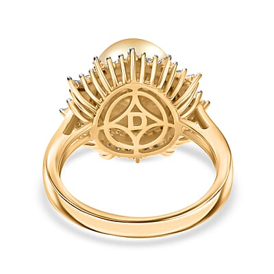 D'Joy South Sea Golden Cultured Pearl, Natural Yellow and White Diamond 0.47 ctw Radiant Sunburst Ring in 18K Vermeil Yellow Gold Over Sterling Silver (Size 10.0)