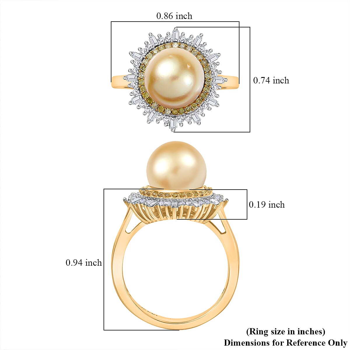 D'Joy South Sea Golden Cultured Pearl, Natural Yellow and White Diamond 0.47 ctw Radiant Sunburst Ring in 18K Vermeil Yellow Gold Over Sterling Silver (Size 10.0)