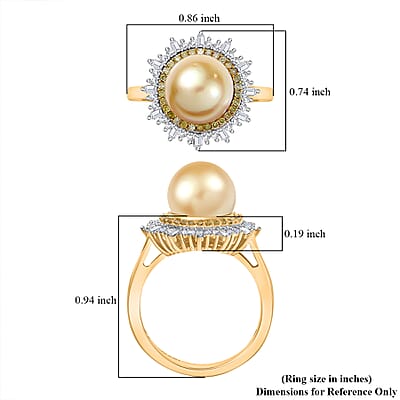 D'Joy South Sea Golden Cultured Pearl, Natural Yellow and White Diamond 0.47 ctw Radiant Sunburst Ring in 18K Vermeil Yellow Gold Over Sterling Silver (Size 10.0)