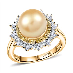 D'Joy South Sea Golden Cultured Pearl, Natural Yellow and White Diamond 0.47 ctw Radiant Sunburst Ring in 18K Vermeil Yellow Gold Over Sterling Silver (Size 6.0)