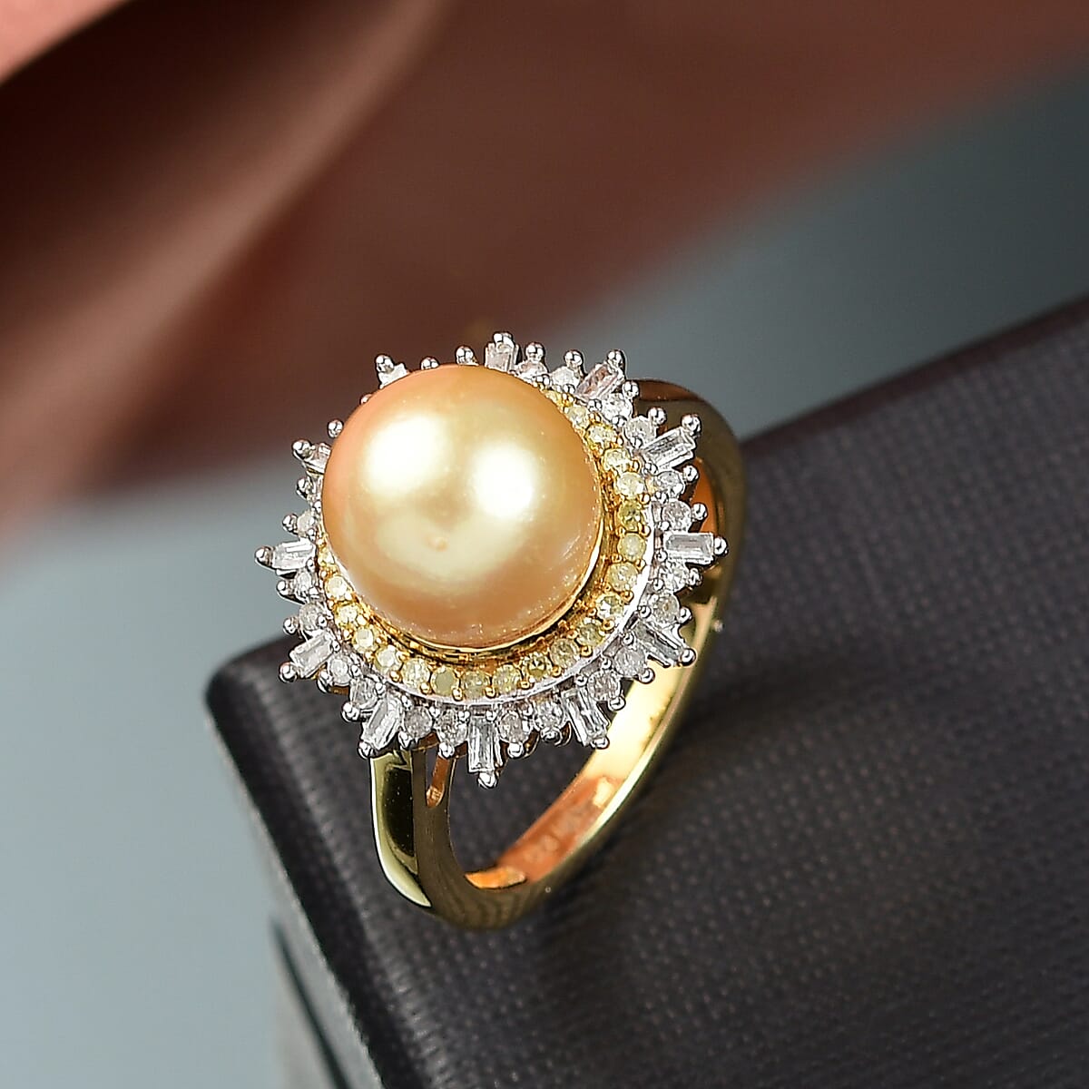 D'Joy South Sea Golden Cultured Pearl, Natural Yellow and White Diamond 0.47 ctw Radiant Sunburst Ring in 18K Vermeil Yellow Gold Over Sterling Silver (Size 6.0) image number 1