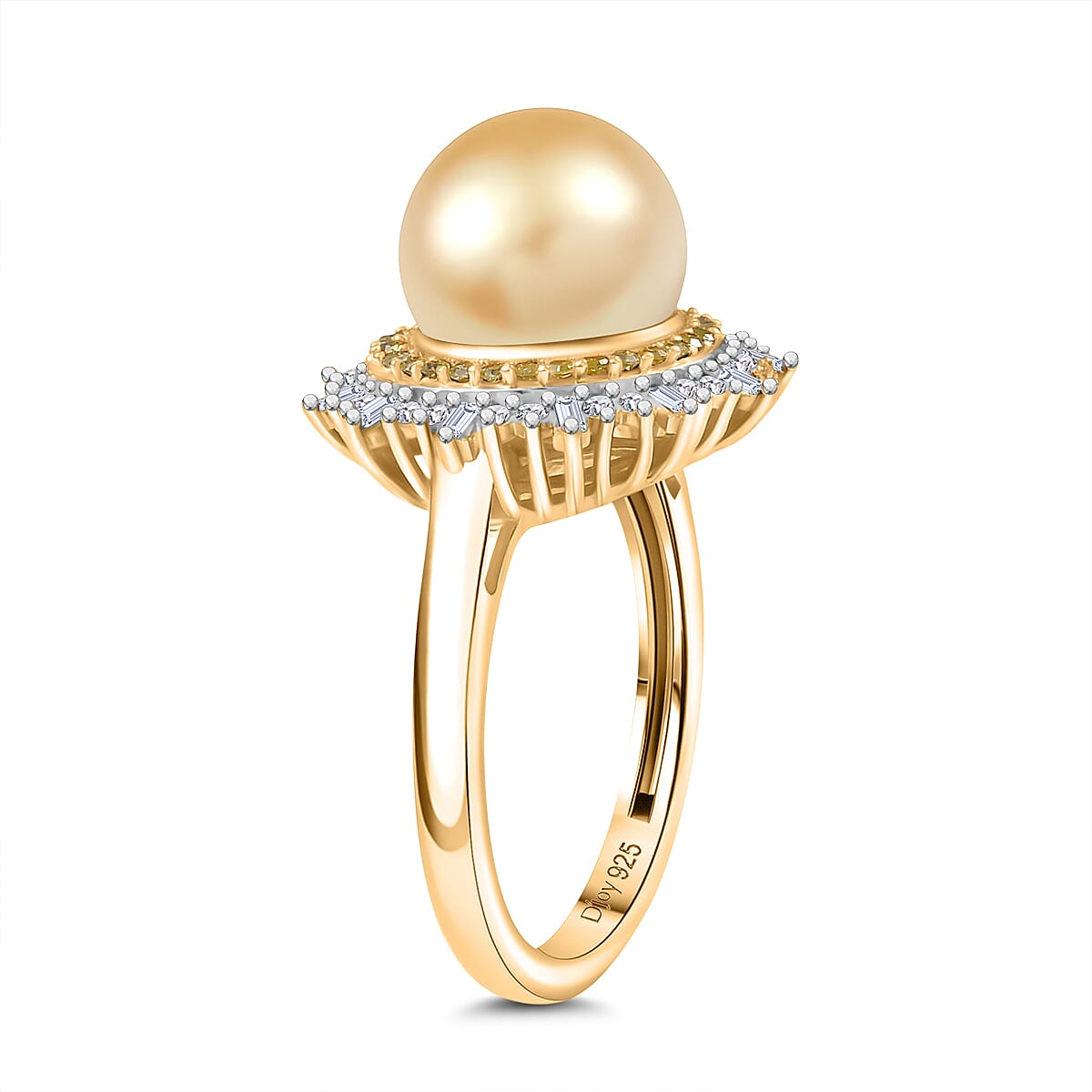 D'Joy South Sea Golden Cultured Pearl, Natural Yellow and White Diamond 0.47 ctw Radiant Sunburst Ring in 18K Vermeil Yellow Gold Over Sterling Silver (Size 6.0) image number 3