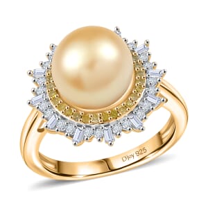 D’Joy South Sea Golden Cultured Pearl, Natural Yellow and White Diamond 0.47 ctw Radiant Sunburst Ring in 18K Vermeil Yellow Gold Over Sterling Silver (Size 7.0)