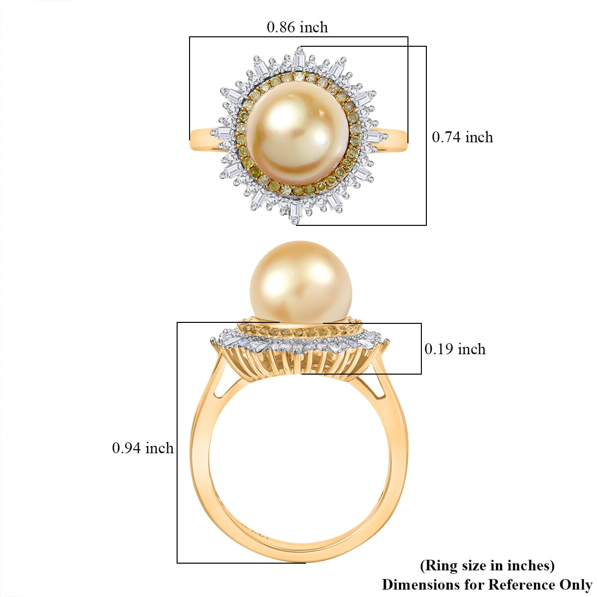 D’Joy South Sea Golden Cultured Pearl, Natural Yellow and White Diamond 0.47 ctw Radiant Sunburst Ring in 18K Vermeil Yellow Gold Over Sterling Silver (Size 7.0) image number 5