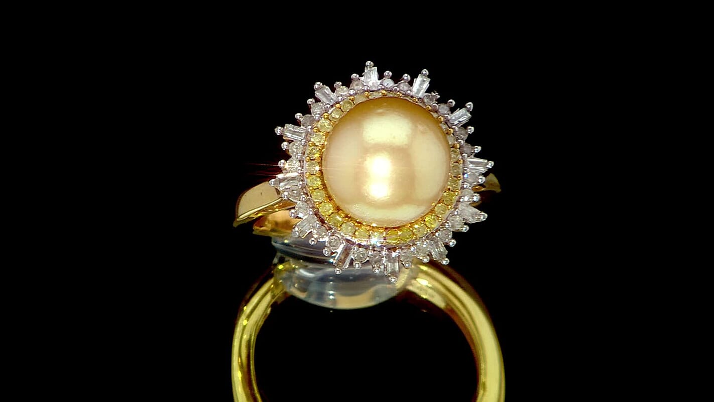 D’Joy Golden South Sea Pearl, Natural Yellow and White Diamond Ring in 18K Vermeil YG Over Sterling Silver (Size 10.0) 9.20 ctw