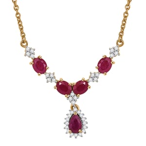D’Joy Premium Mozambique Ruby and White Zircon 2.75 ctw Crown Blossom Necklace 18 Inches in 18K Vermeil Yellow Gold Over Sterling Silver 