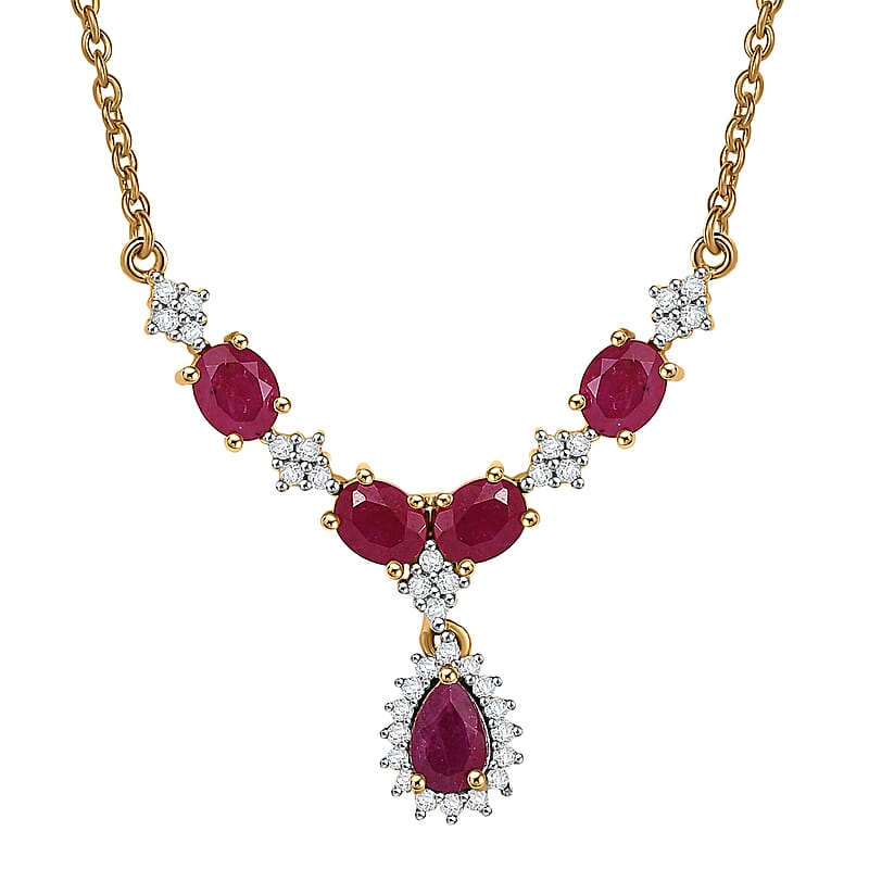D'Joy Premium Montepuez Ruby and White Zircon 2.75 ctw Crown Blossom Necklace 18 Inches in 18K Vermeil Yellow Gold Over Sterling Silver 