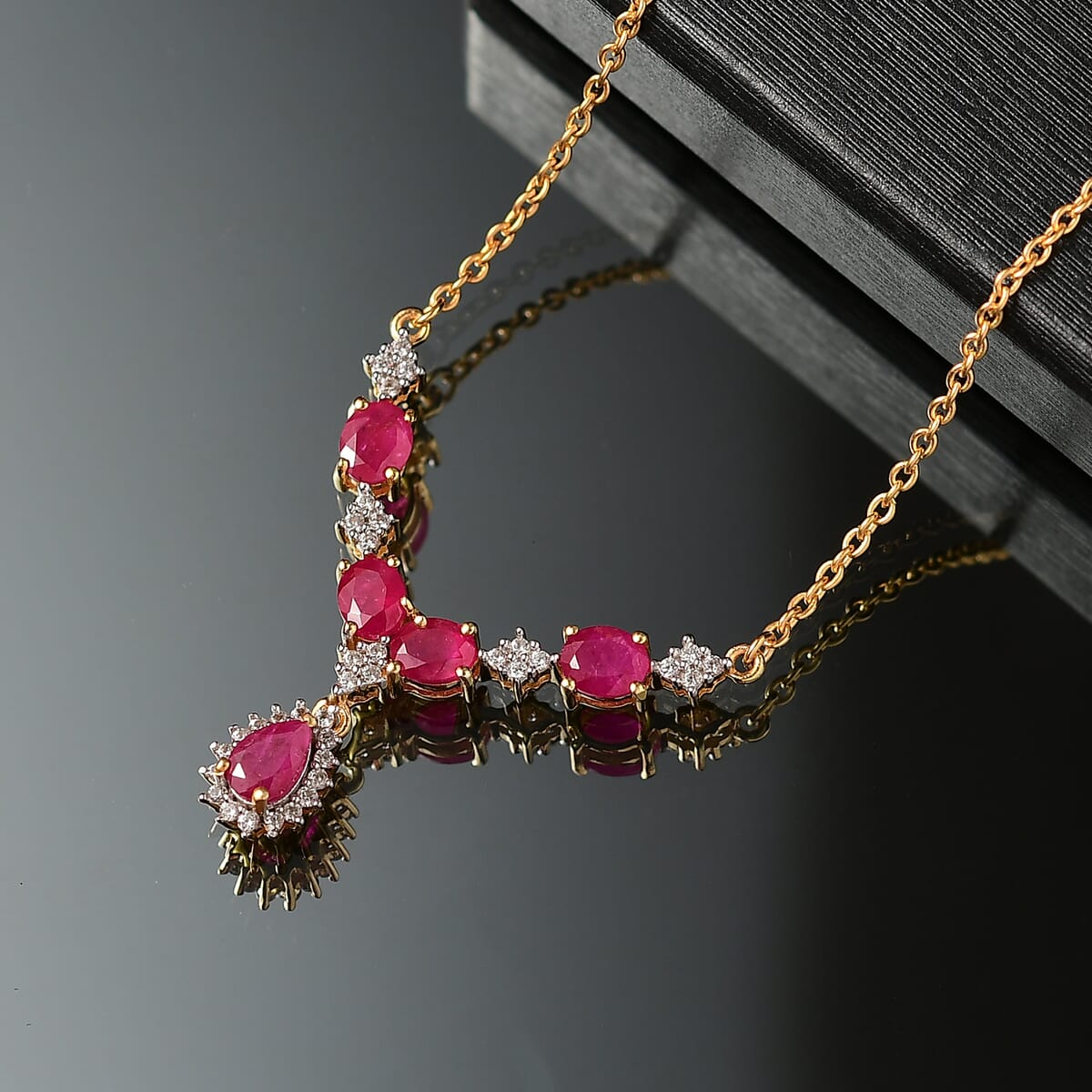 D’Joy Premium Mozambique Ruby and White Zircon 2.75 ctw Crown Blossom Necklace 18 Inches in 18K Vermeil Yellow Gold Over Sterling Silver  image number 1