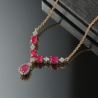 D'Joy Premium Montepuez Ruby and White Zircon 2.75 ctw Crown Blossom Necklace 18 Inches in 18K Vermeil Yellow Gold Over Sterling Silver 