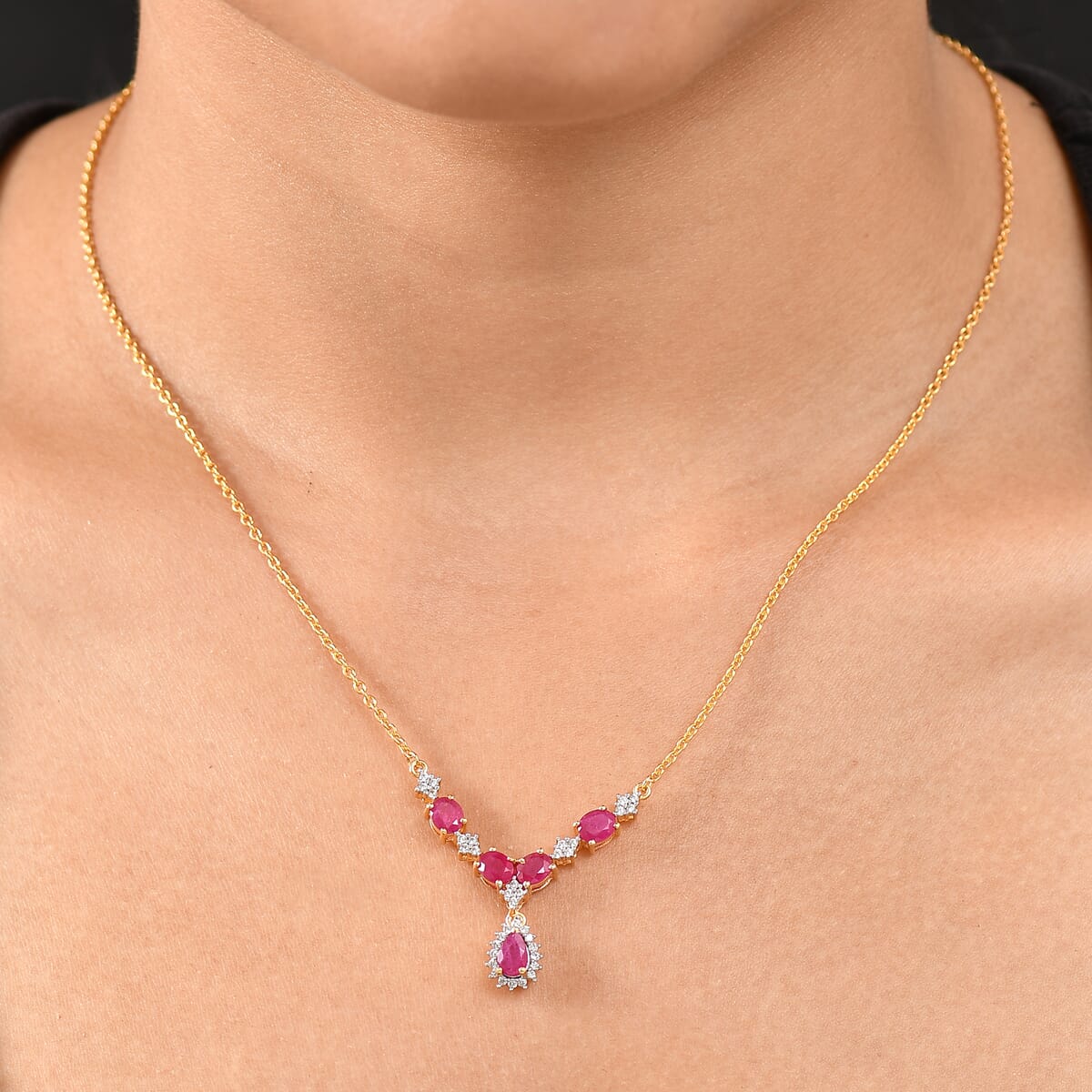 D’Joy Premium Mozambique Ruby and White Zircon 2.75 ctw Crown Blossom Necklace 18 Inches in 18K Vermeil Yellow Gold Over Sterling Silver  image number 2