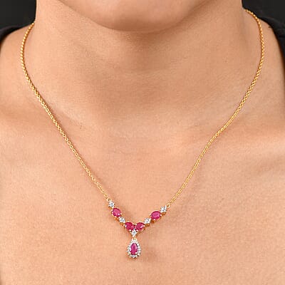 D'Joy Premium Montepuez Ruby and White Zircon 2.75 ctw Crown Blossom Necklace 18 Inches in 18K Vermeil Yellow Gold Over Sterling Silver 
