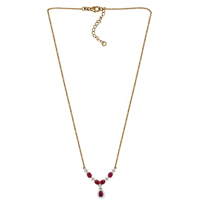 D'Joy Premium Montepuez Ruby and White Zircon 2.75 ctw Crown Blossom Necklace 18 Inches in 18K Vermeil Yellow Gold Over Sterling Silver 