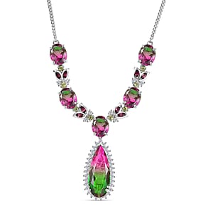 D&rsquo;Joy Watermelon Quartz (Triplet) and Multi Gemstone 27.60 ctw Necklace in Rhodium Over Sterling Silver 18 Inches 