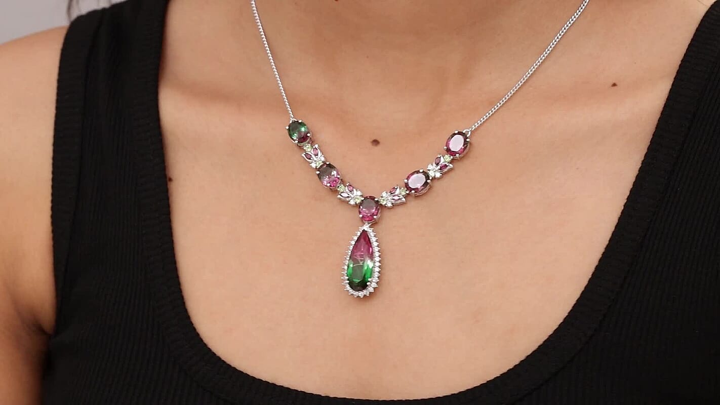 D’Joy Watermelon Quartz (Triplet) and Multi Gemstone 27.60 ctw Necklace in Rhodium Over Sterling Silver 18 Inches