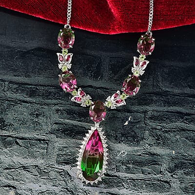 D’Joy Watermelon Quartz (Triplet) and Multi Gemstone 27.60 ctw Necklace in Rhodium Over Sterling Silver 18 Inches 
