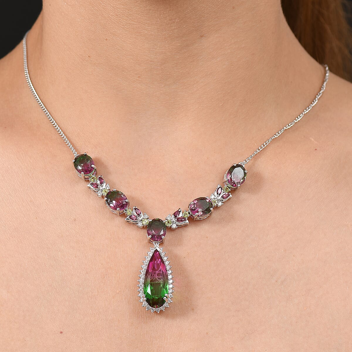 D&rsquo;Joy Watermelon Quartz (Triplet) and Multi Gemstone 27.60 ctw Necklace in Rhodium Over Sterling Silver 18 Inches  image number 2