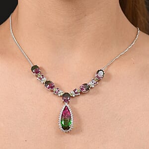 D&rsquo;Joy Watermelon Quartz (Triplet) and Multi Gemstone 27.60 ctw Necklace in Rhodium Over Sterling Silver 18 Inches 
