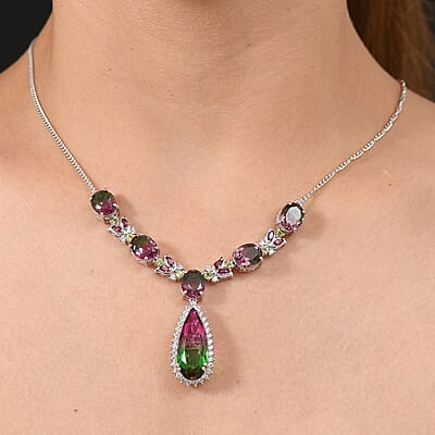 D’Joy Watermelon Quartz (Triplet) and Multi Gemstone 27.60 ctw Necklace in Rhodium Over Sterling Silver 18 Inches 
